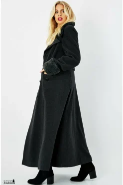 Women De La Creme Fashions Wool Blend Faux Fur Trim Maxi Coat