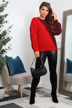 Women Double Second And Burgundy Diagonal Contrast Colour Block Oversized Knit Jumper