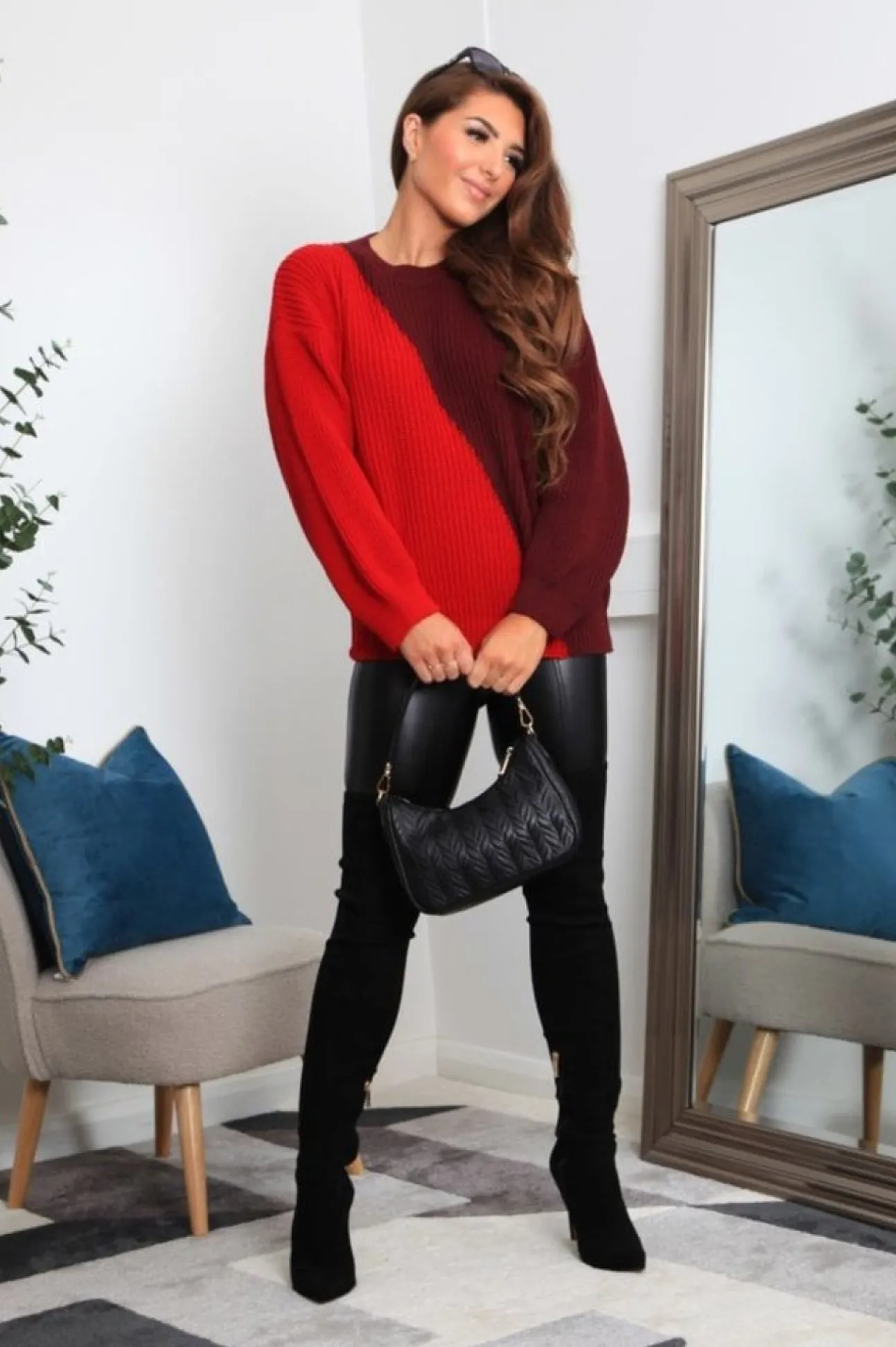 Women Double Second And Burgundy Diagonal Contrast Colour Block Oversized Knit Jumper