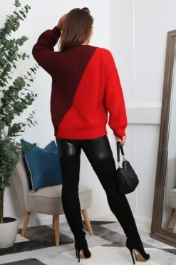 Women Double Second And Burgundy Diagonal Contrast Colour Block Oversized Knit Jumper