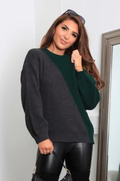 Women Double Second And Grey Diagonal Contrast Colour Block Oversized Knit Jumper