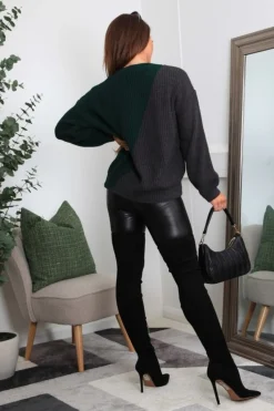 Women Double Second And Grey Diagonal Contrast Colour Block Oversized Knit Jumper