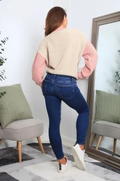 Women Double Second And Oatmeal Colour Block Cable Knit Jumper