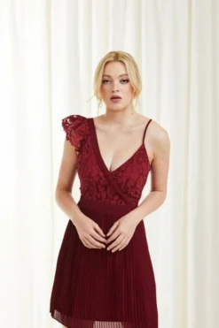 Women Double Second Asymmetric Pleated Lace Dress