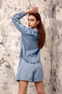 Women Double Second Belted Denim Chambray Shorts