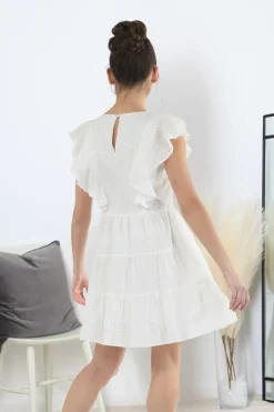 Women Double Second Broderie Frill Sleeve Tiered Dress