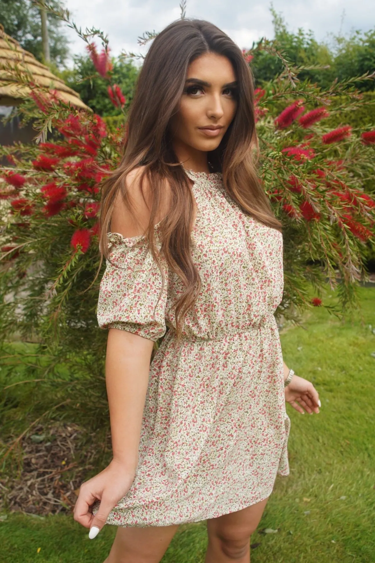 Women Double Second Cold Shoulder Floral Dress