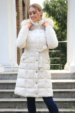 Women Double Second Ecru Glam Belted Long Puffer Coat