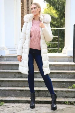 Women Double Second Ecru Glam Belted Long Puffer Coat