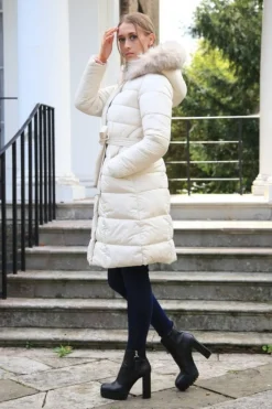 Women Double Second Ecru Glam Belted Long Puffer Coat