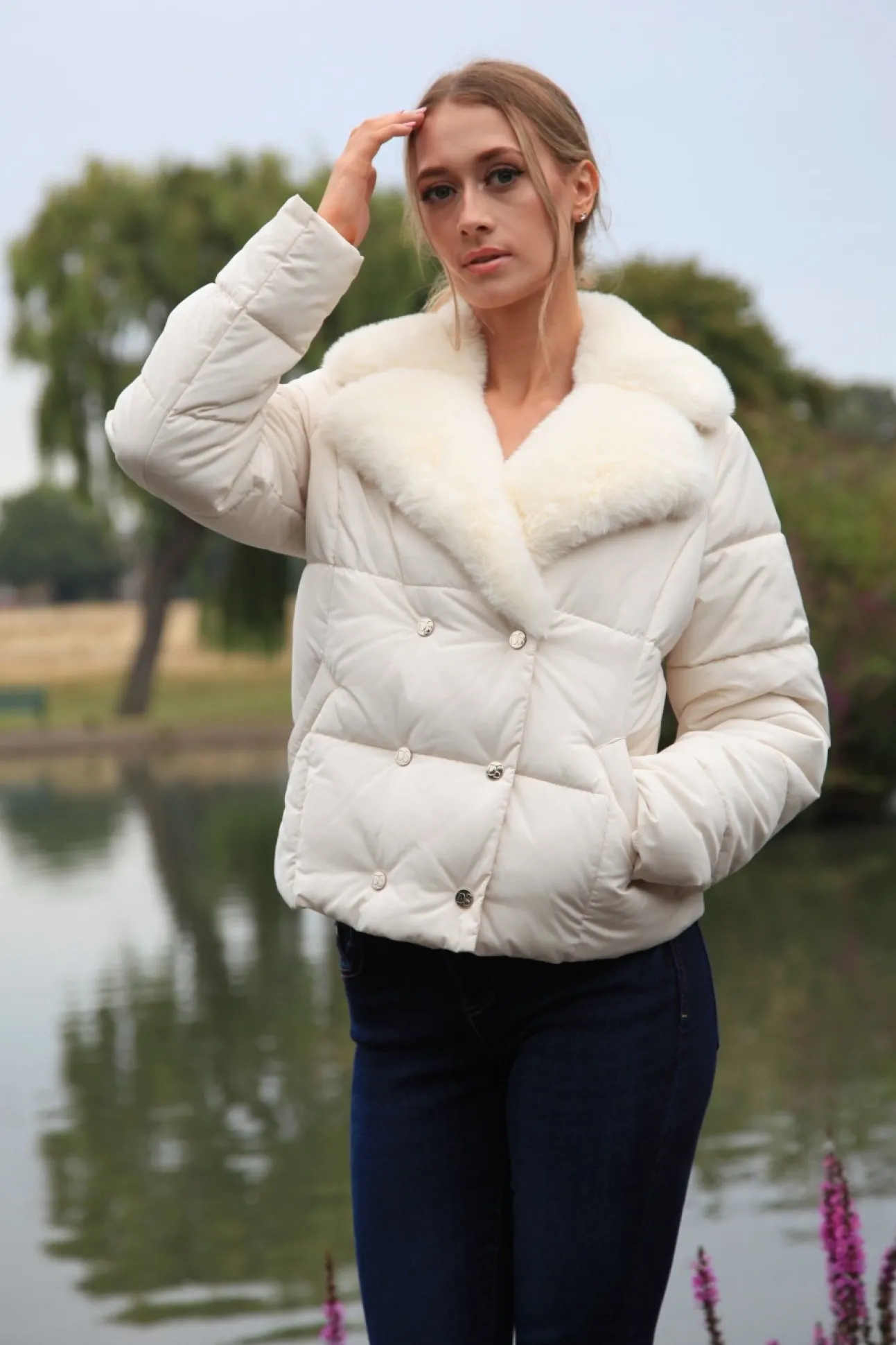 Women Double Second Ecru Lux Fur Collar Puffer Coat