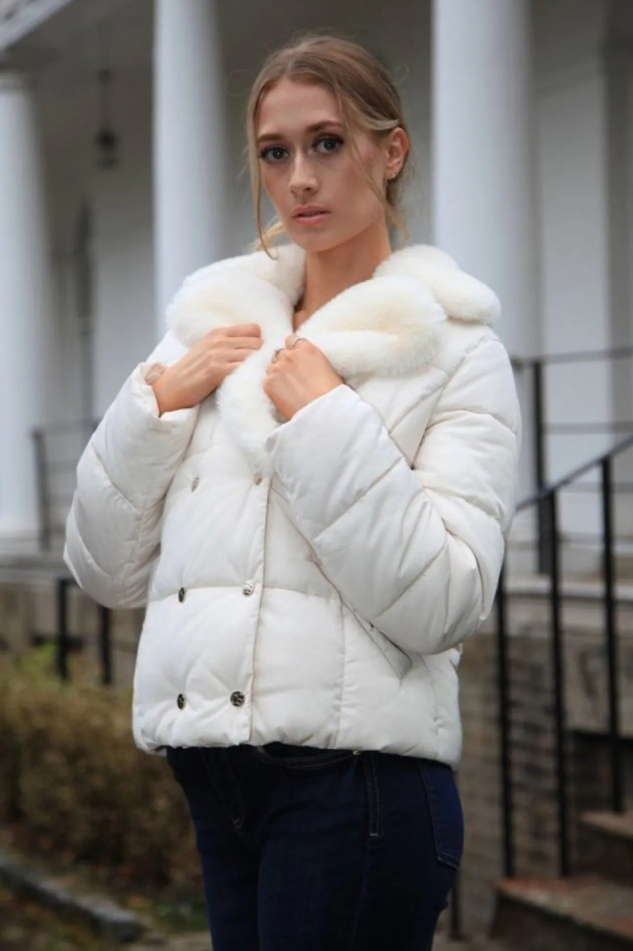 Women Double Second Ecru Lux Fur Collar Puffer Coat
