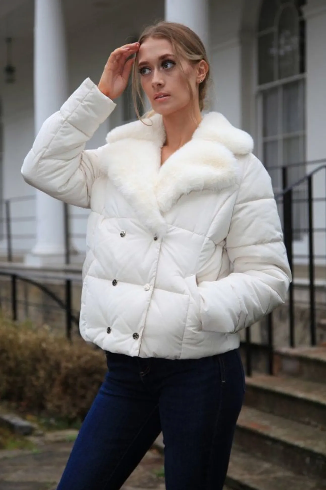 Women Double Second Ecru Lux Fur Collar Puffer Coat