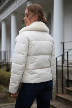 Women Double Second Ecru Lux Fur Collar Puffer Coat
