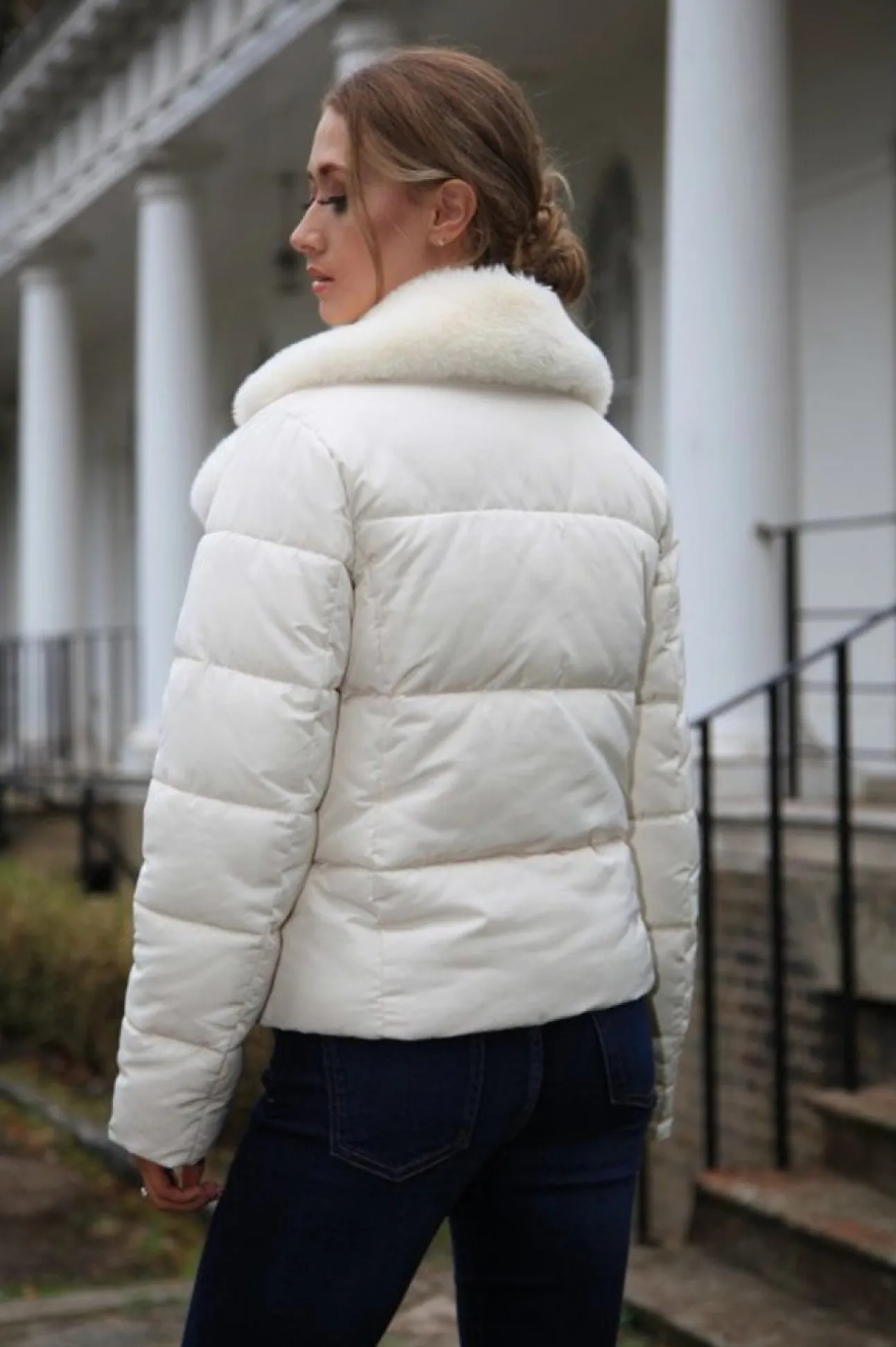 Women Double Second Ecru Lux Fur Collar Puffer Coat