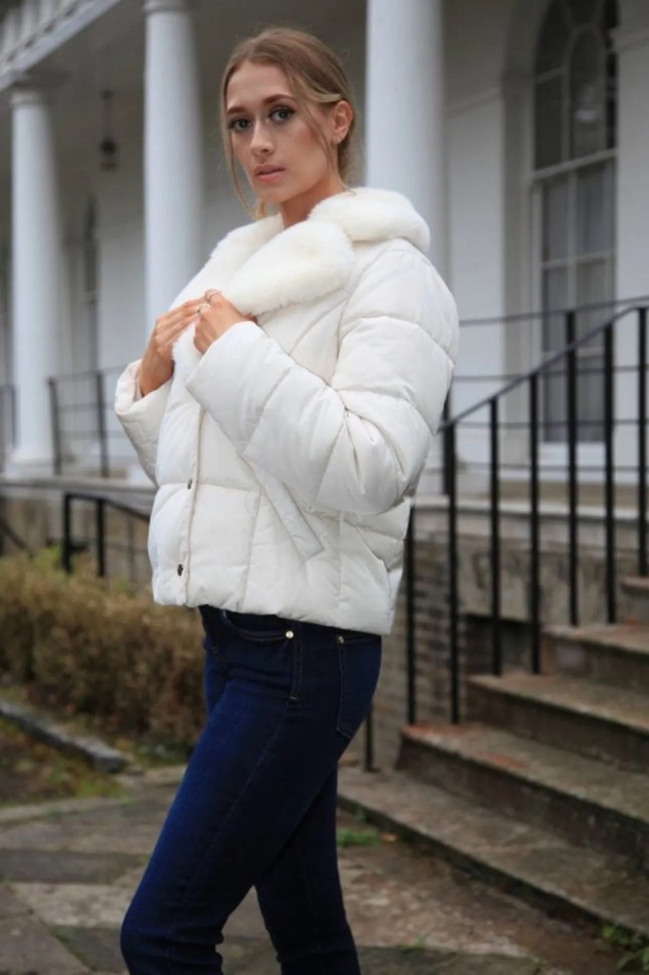 Women Double Second Ecru Lux Fur Collar Puffer Coat