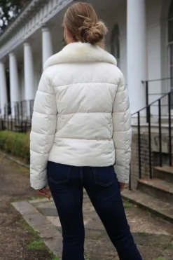 Women Double Second Ecru Lux Fur Collar Puffer Coat