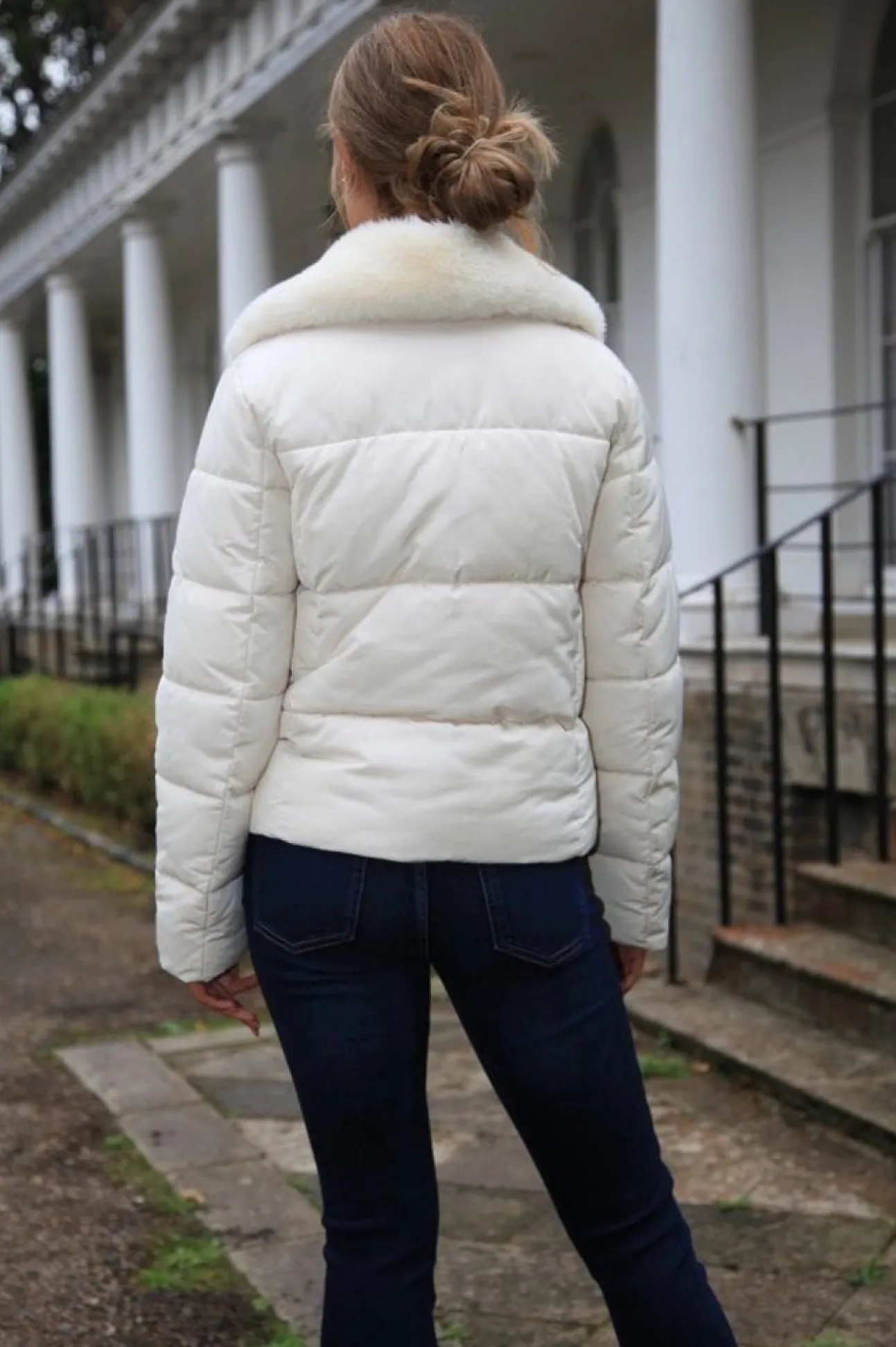 Women Double Second Ecru Lux Fur Collar Puffer Coat