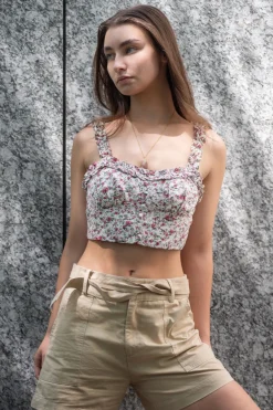 Women Double Second Floral Print Crop Top With Frill Straps