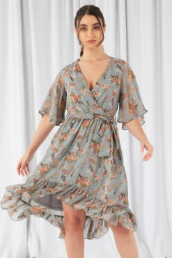 Women Double Second Floral Print Ruffle Midi Wrap Dress