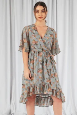Women Double Second Floral Print Ruffle Midi Wrap Dress