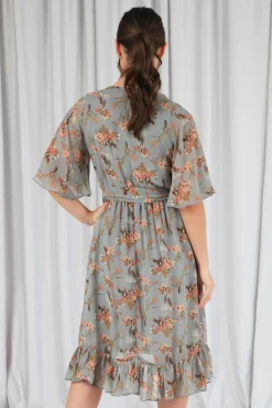Women Double Second Floral Print Ruffle Midi Wrap Dress