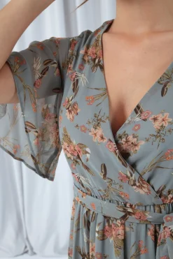 Women Double Second Floral Print Ruffle Midi Wrap Dress