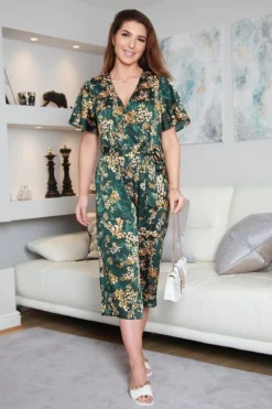 Women Double Second Floral Wrap Front Satin Jumpsuit