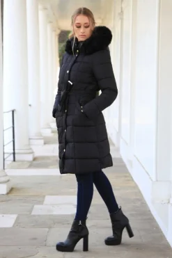 Women Double Second Glam Belted Long Puffer Coat