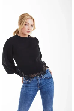 Women Double Second Knit Jumper With Lace Trim