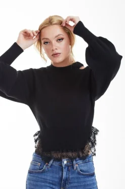 Women Double Second Knit Jumper With Lace Trim