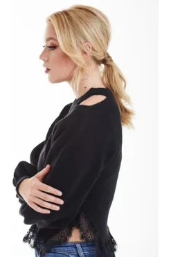Women Double Second Knit Jumper With Lace Trim
