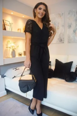 Women Double Second Lace Wrap Wide Leg Jumpsuit