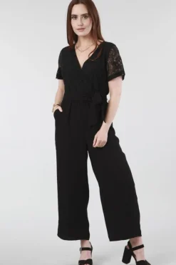 Women Double Second Lace Wrap Wide Leg Jumpsuit
