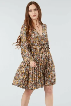 Women Double Second Mix Col Pleated Wrap Dress