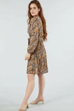 Women Double Second Mix Col Pleated Wrap Dress