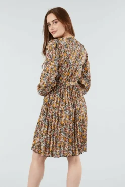 Women Double Second Mix Col Pleated Wrap Dress