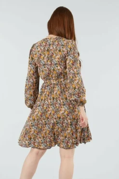 Women Double Second Mix Col Pleated Wrap Dress