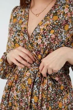 Women Double Second Mix Col Pleated Wrap Dress