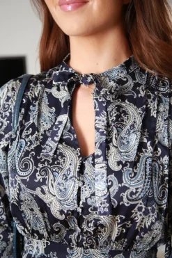 Women Double Second Navy Paisley Print Pussybow Dress