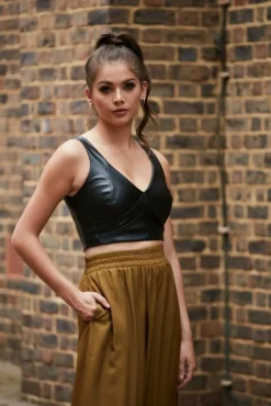 Women Double Second Olive Lux Wide Leg Trousers