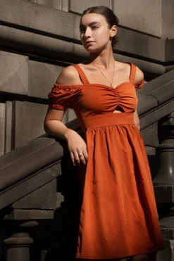 Women Double Second Orange Bardot Ruched Dress