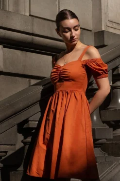 Women Double Second Orange Bardot Ruched Dress