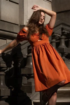 Women Double Second Orange Bardot Ruched Dress