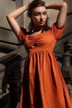 Women Double Second Orange Bardot Ruched Dress