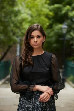 Women Double Second Organza Puff Sleeve Satin Top
