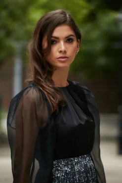 Women Double Second Organza Puff Sleeve Satin Top