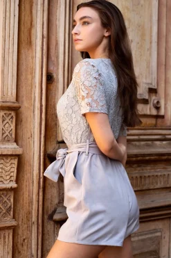 Women Double Second Pale Lace Wrap Playsuit