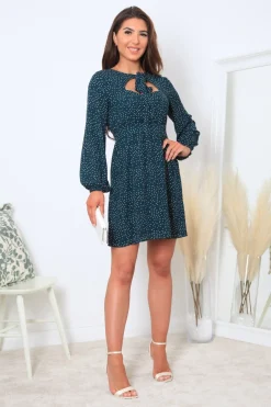 Women Double Second Polka Dot Cut Out Front Tie Dress