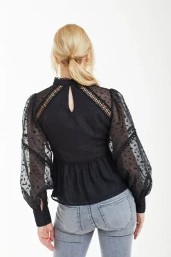 Women Double Second Polka Dot Organza Puff Sleeve Top